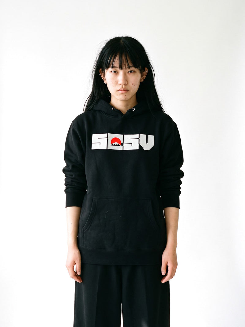 5C5V Red Sun hoodie in black, worn on a white background