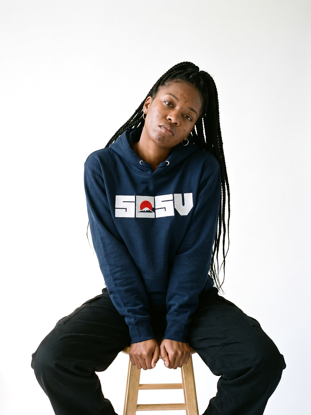 5C5V Red Sun hoodie in navy, worn on a white background