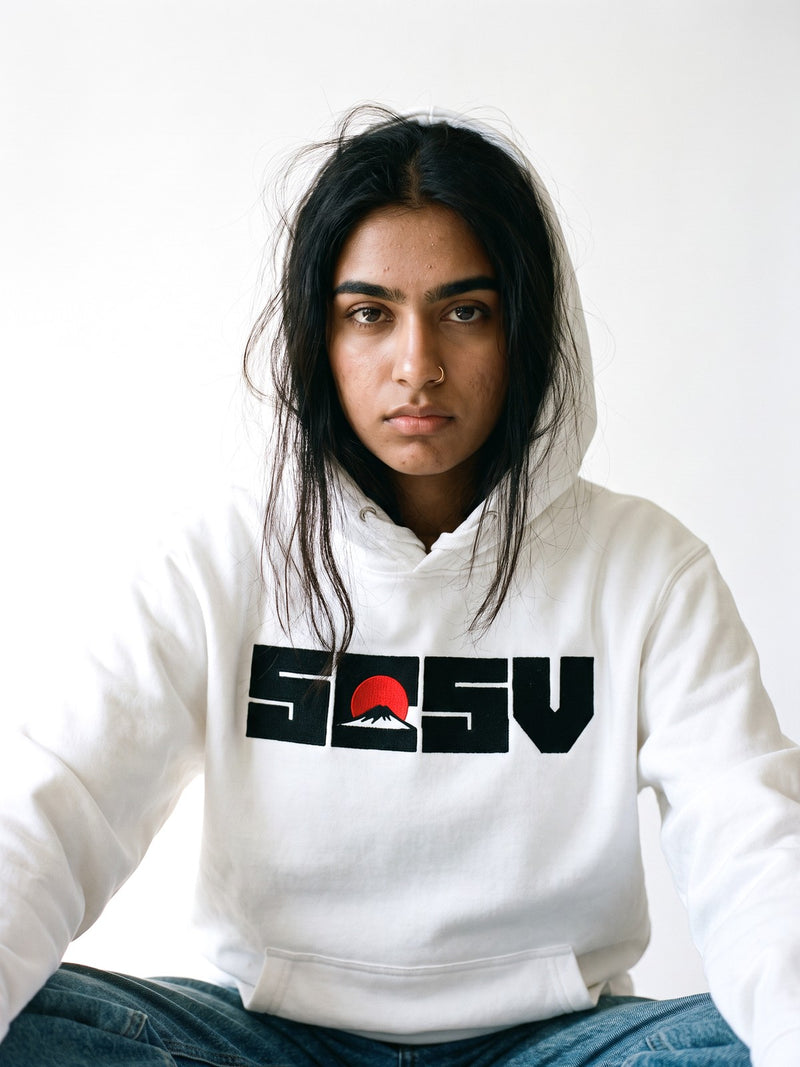 5C5V Red Sun hoodie in white, worn on a white background