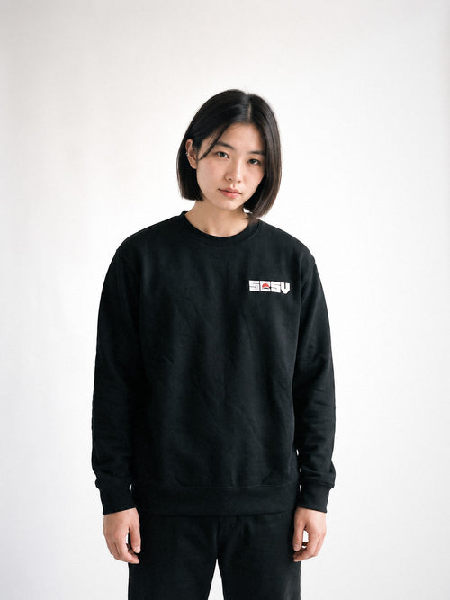 5C5V Red Sun sweatshirt in black, worn on a white background