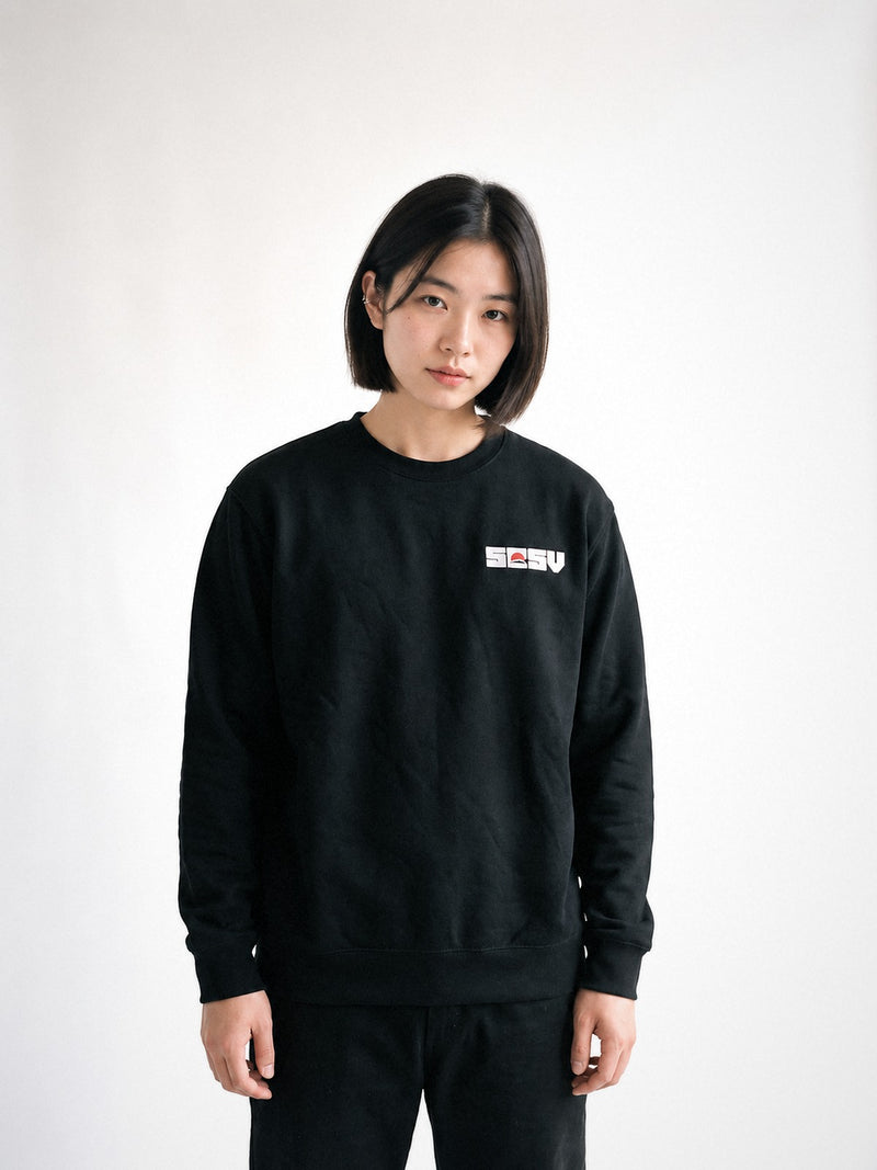 5C5V Red Sun sweatshirt in black, worn on a white background
