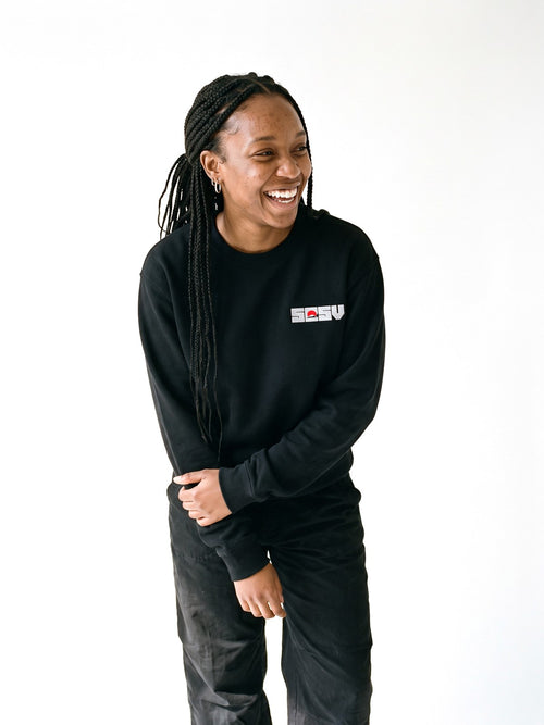 5C5V Red Sun sweatshirt in black, worn on a white background