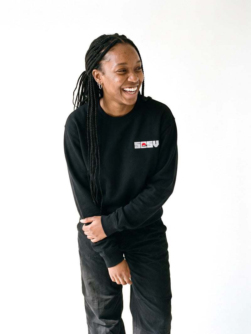 5C5V Red Sun sweatshirt in black, worn on a white background