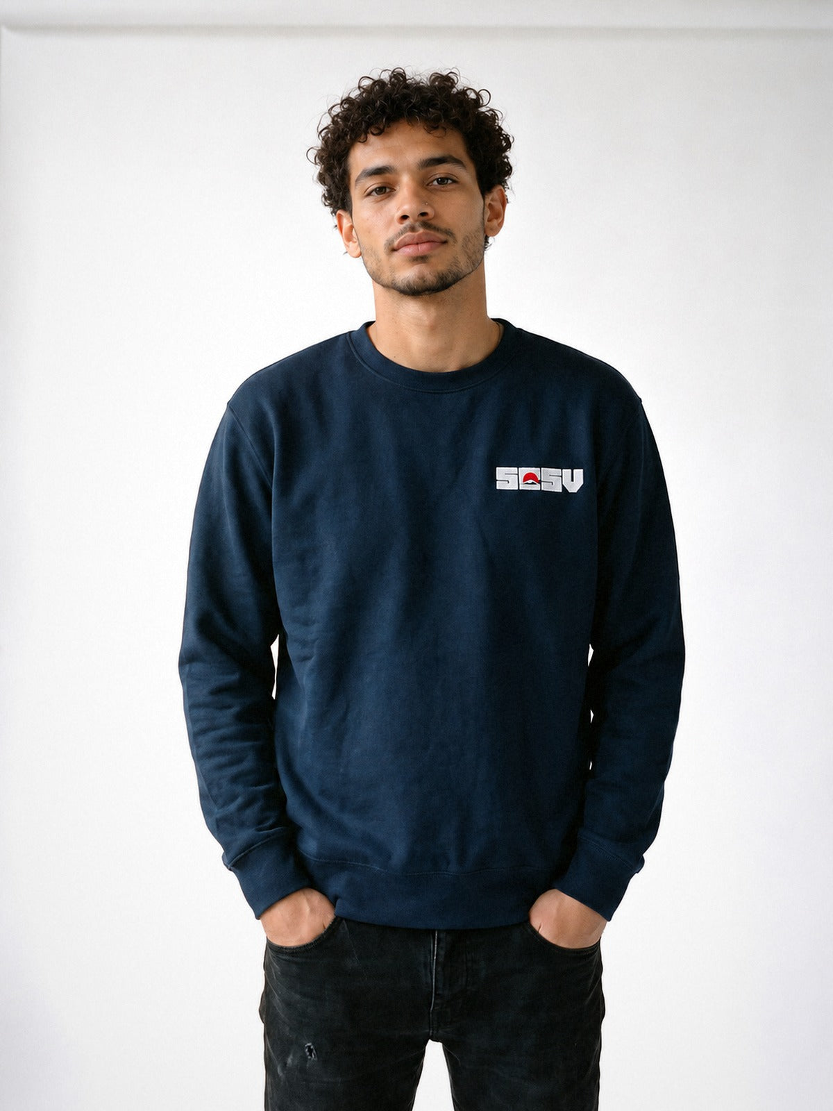 5C5V Red Sun sweatshirt in navy, worn on a white background