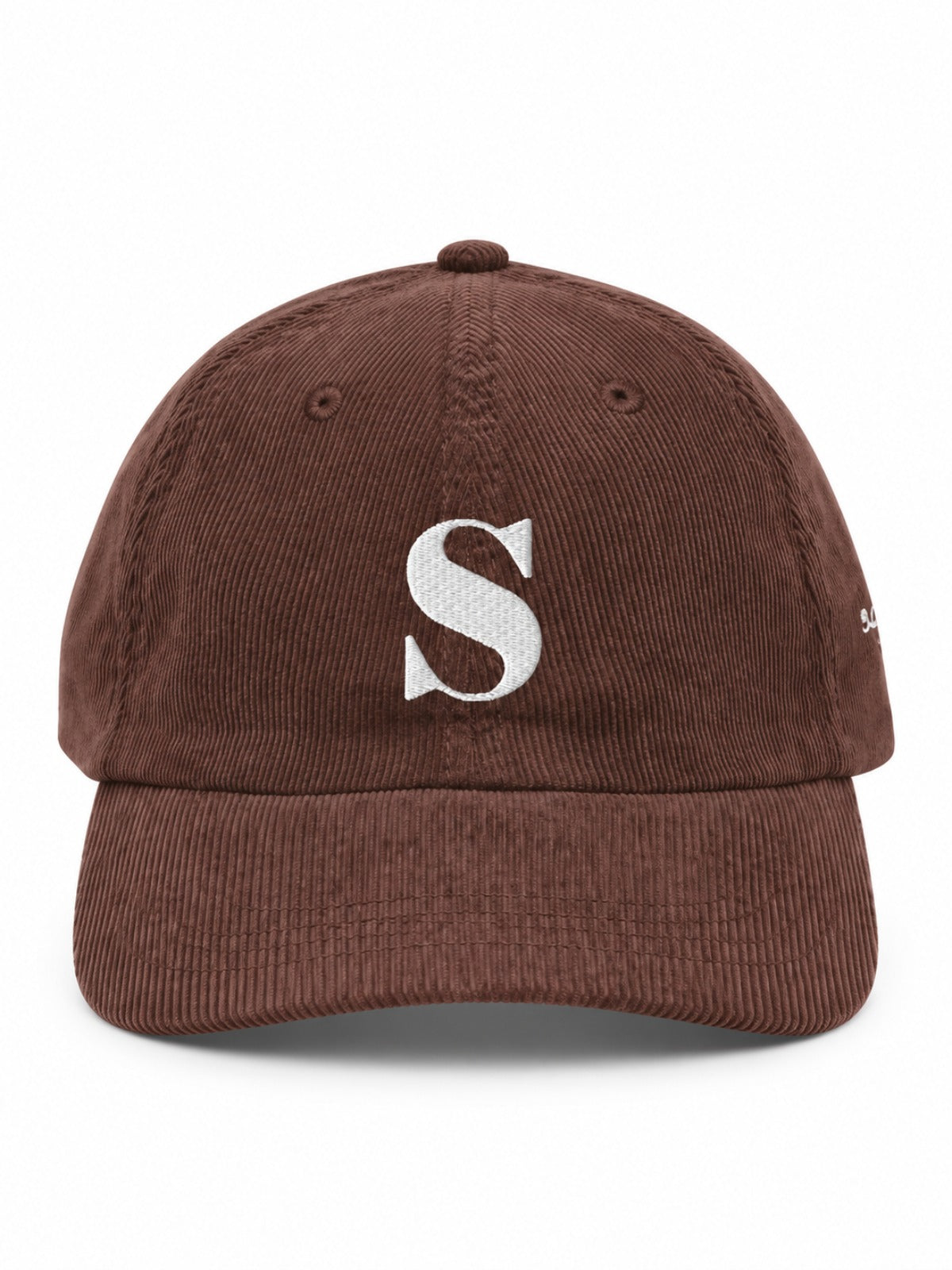5C5V Sapporo S corduroy Japanese baseball cap in brown – front view with serif S embroidery
