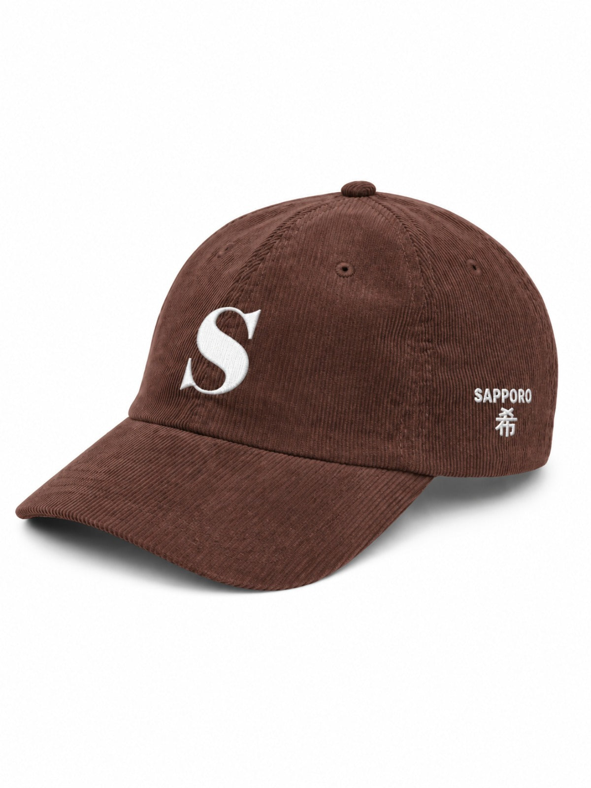 5C5V Sapporo S corduroy Japanese baseball cap in brown – side view with SAPPORO 希 (hope) embroidery