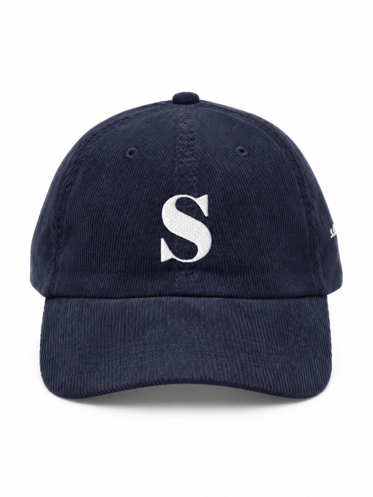 5C5V Sapporo S corduroy Japanese baseball cap in navy – front view with serif S embroidery