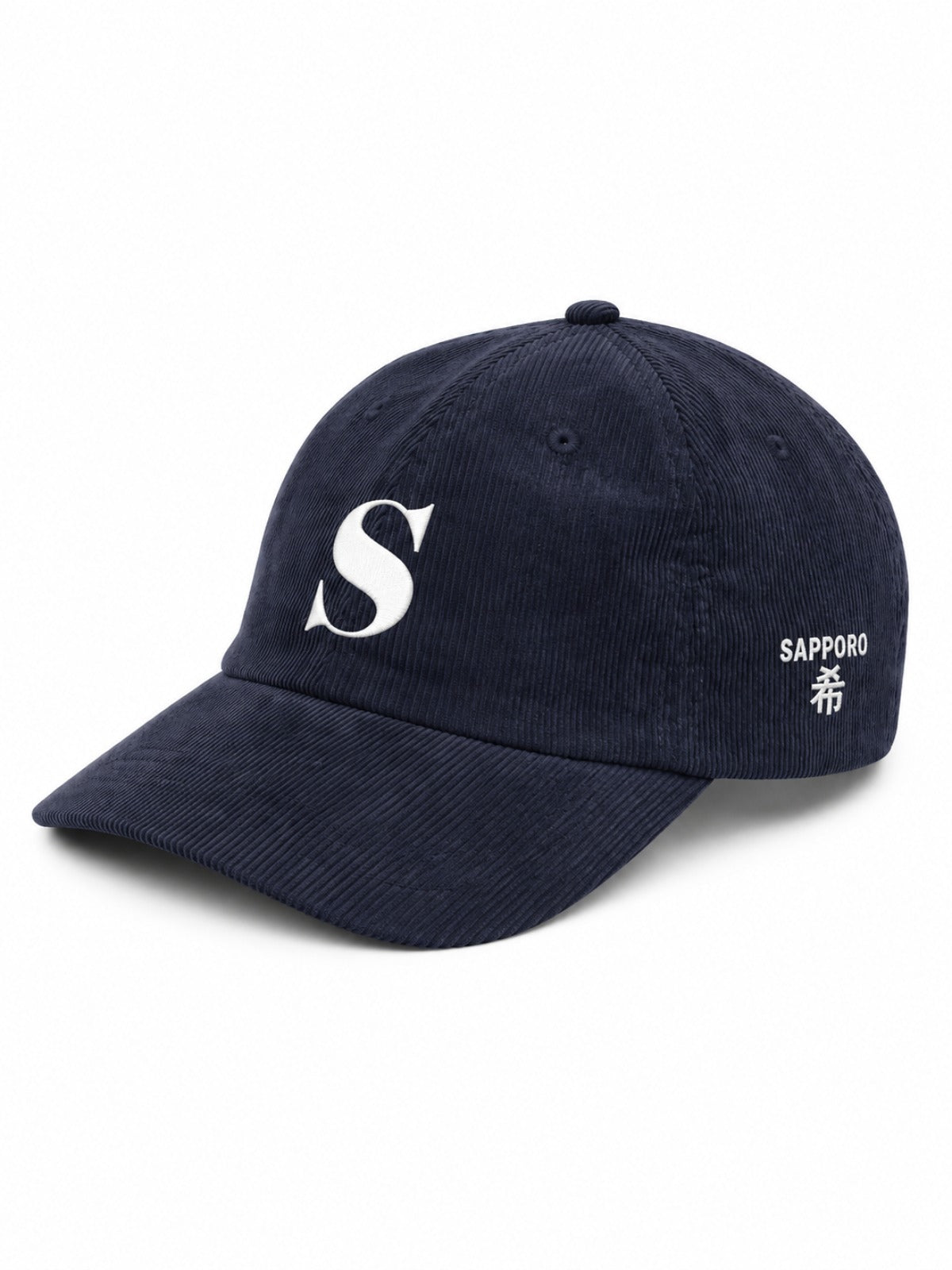 5C5V Sapporo S corduroy Japanese baseball cap in navy – side view with SAPPORO 希 (hope) embroidery