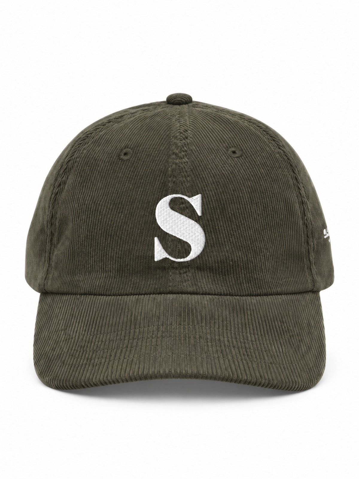 5C5V Sapporo S corduroy Japanese baseball cap in olive – front view with serif S embroidery