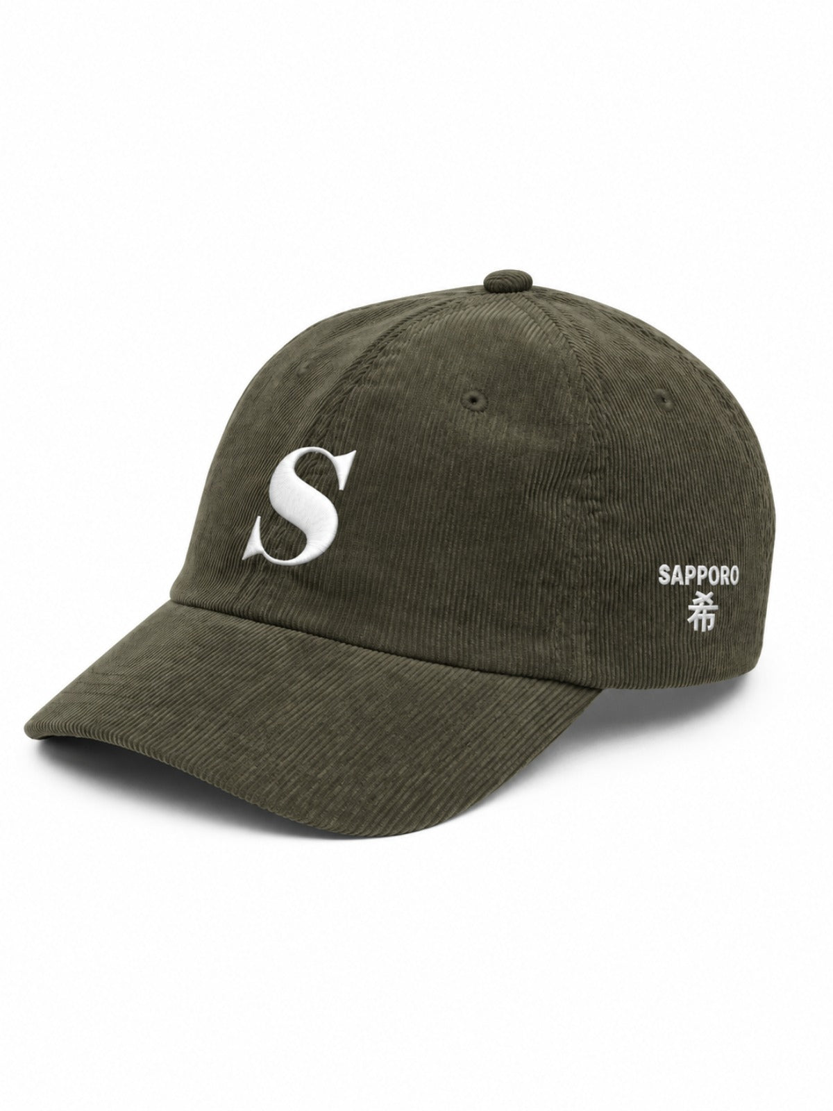 5C5V Sapporo S corduroy Japanese baseball cap in olive – side view with SAPPORO 希 (hope) embroidery