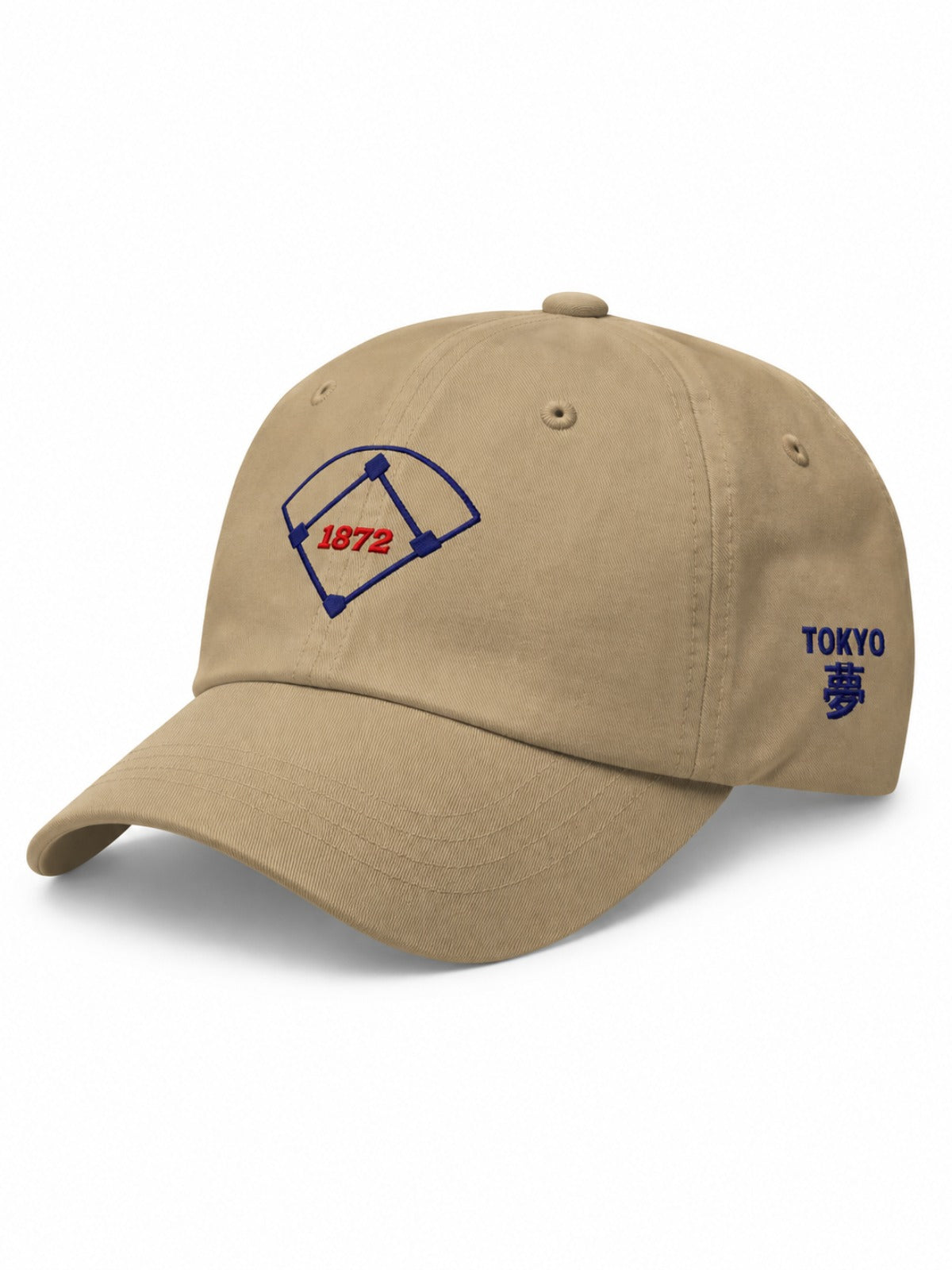 5C5V Tokyo 1872 Japanese baseball cap in khaki – side view with TOKYO 夢 (dream) embroidery