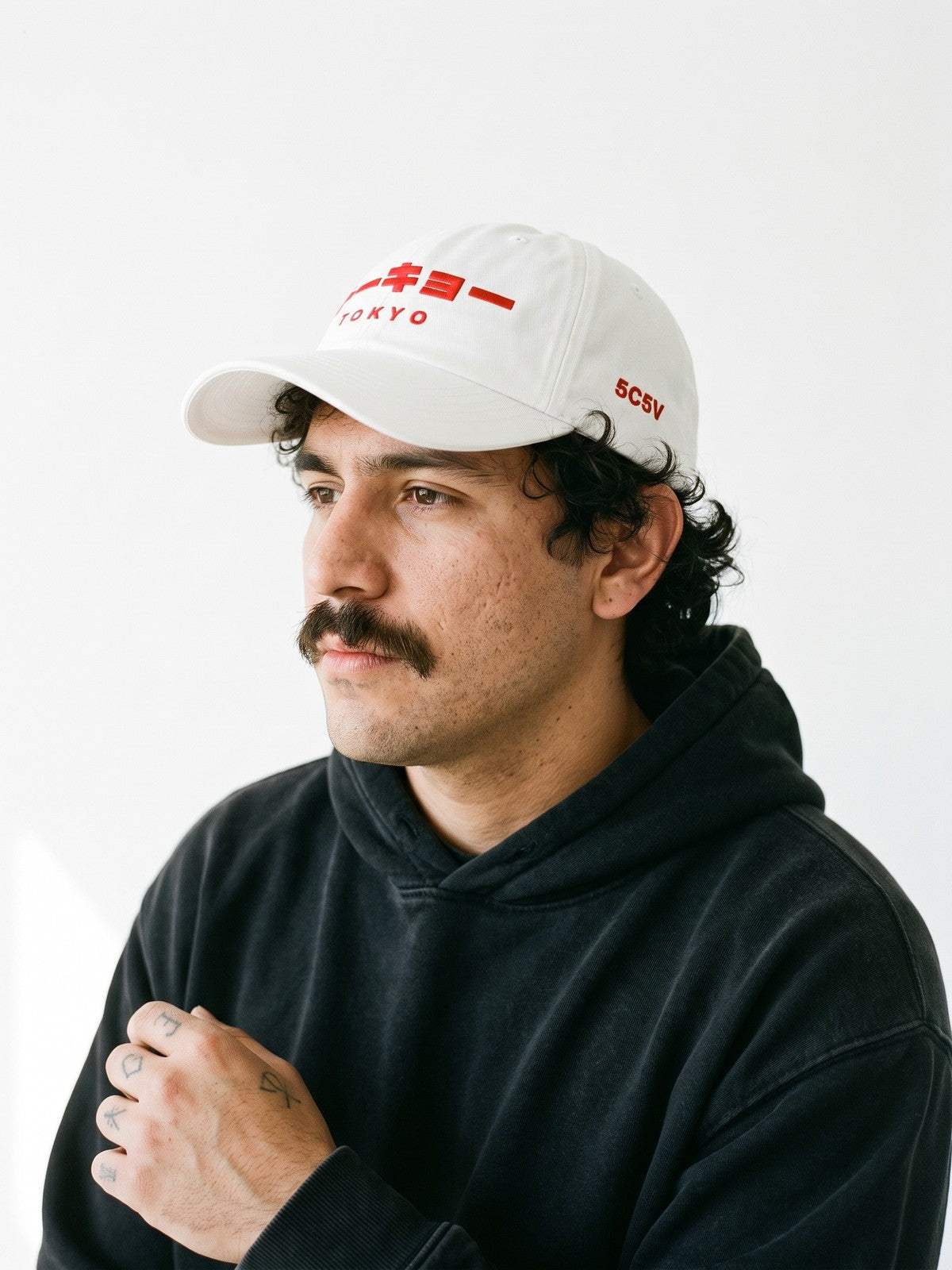 Side view of the 5C5V Tokyo Katakana Japanese baseball cap in white, 5C5V in red embroidered on the left side