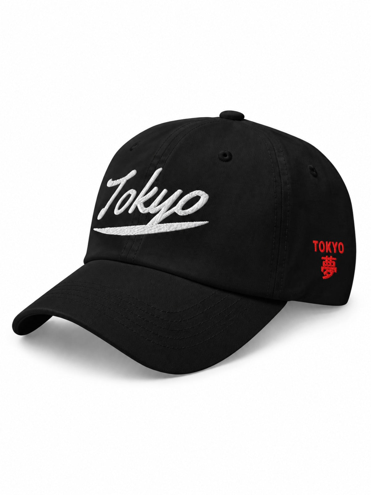 5C5V Tokyo Script Japanese baseball cap in black – side view with TOKYO 夢 (dream) embroidery