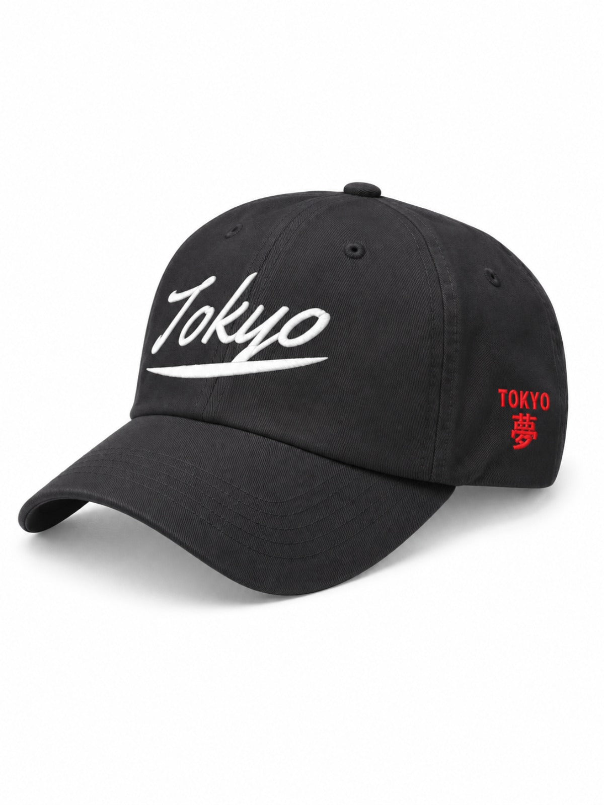5C5V Tokyo Script Japanese baseball cap in dark grey – side view with TOKYO 夢 (dream) embroidery