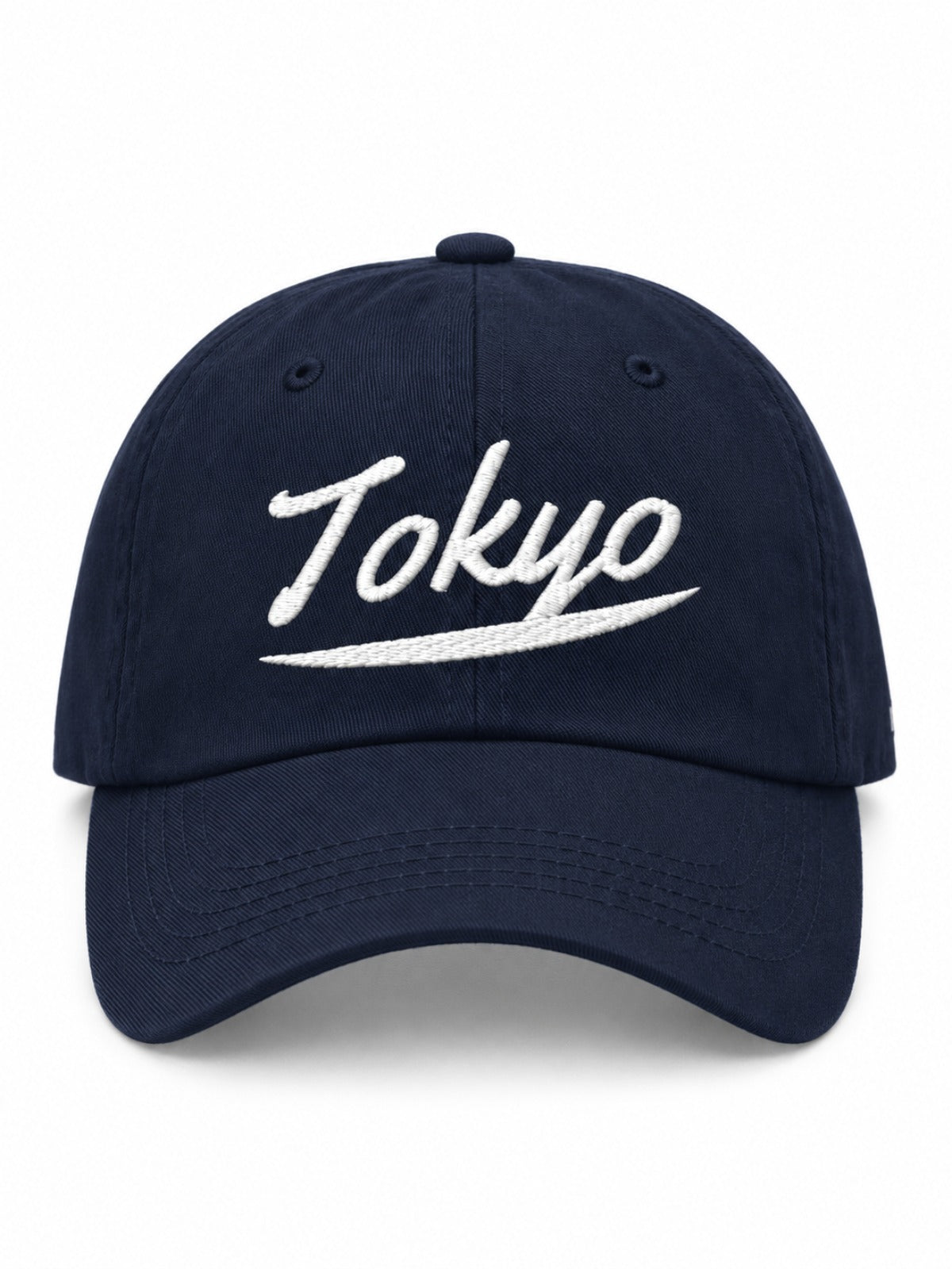 5C5V Tokyo Script Japanese baseball cap in navy – front view with Tokyo script embroidery