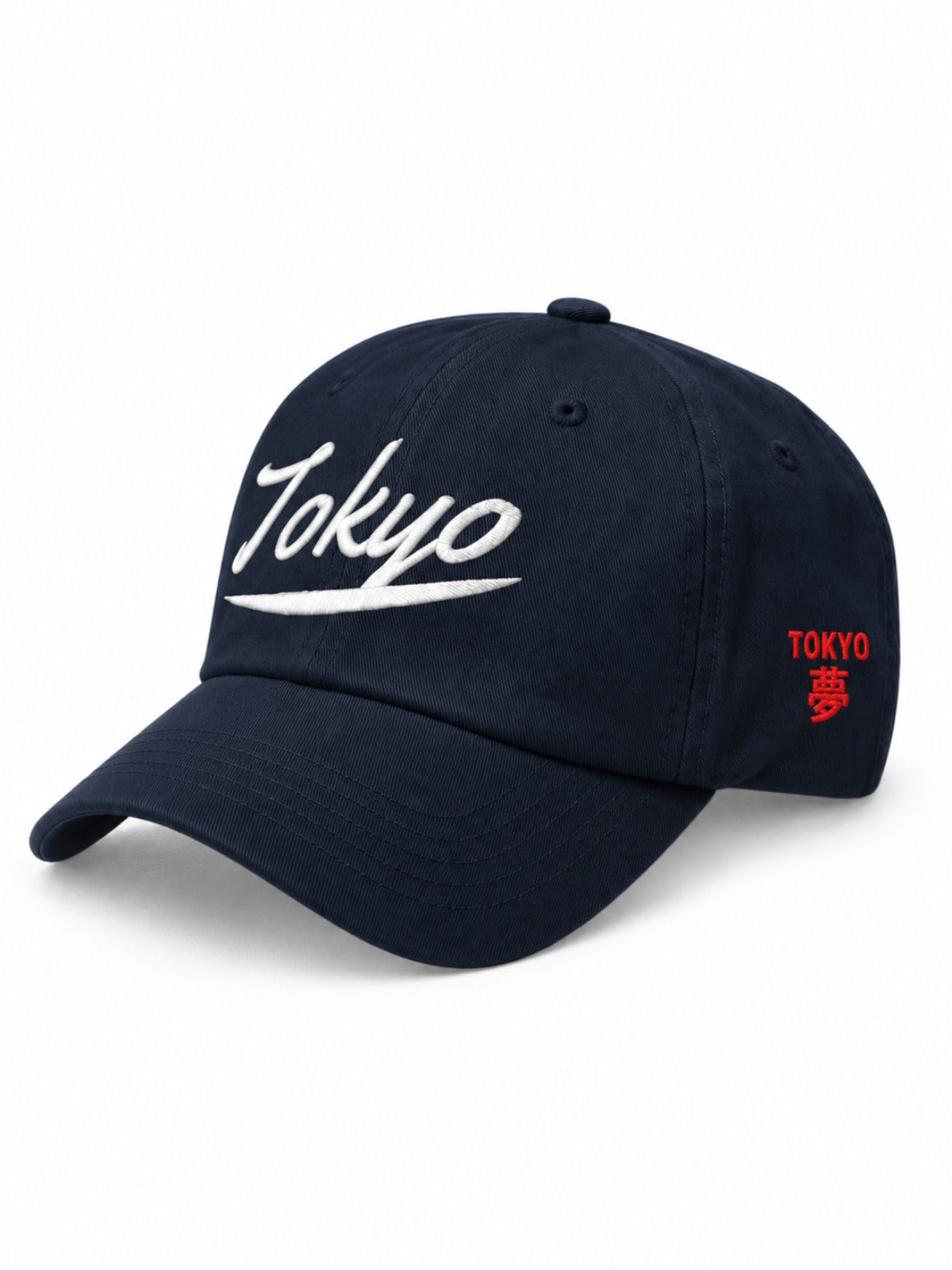 5C5V Tokyo Script Japanese baseball cap in navy – side view with TOKYO 夢 (dream) embroidery