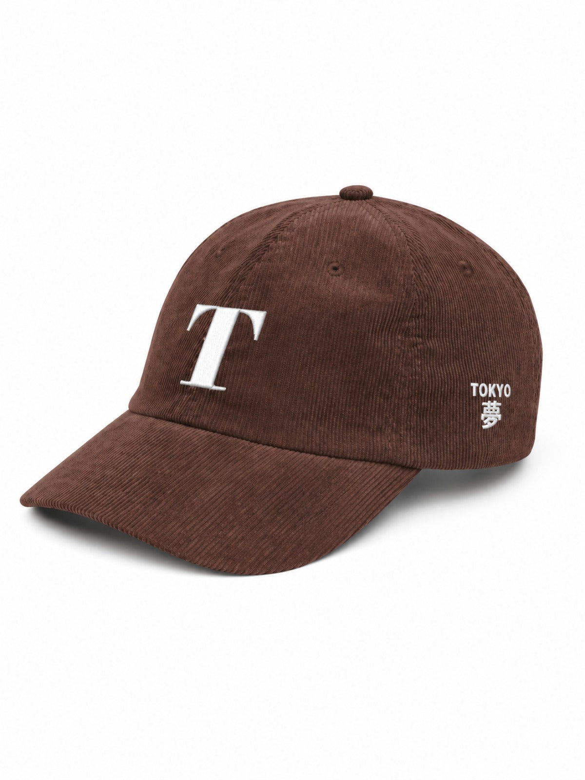 5C5V Tokyo T corduroy Japanese baseball cap in brown – side view with TOKYO 夢 (dream) embroidery