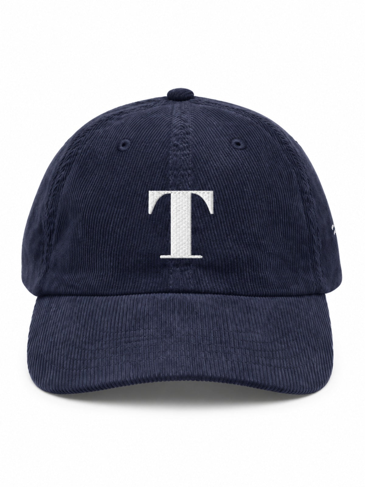 5C5V Tokyo T corduroy Japanese baseball cap in navy – front view with serif T embroidery