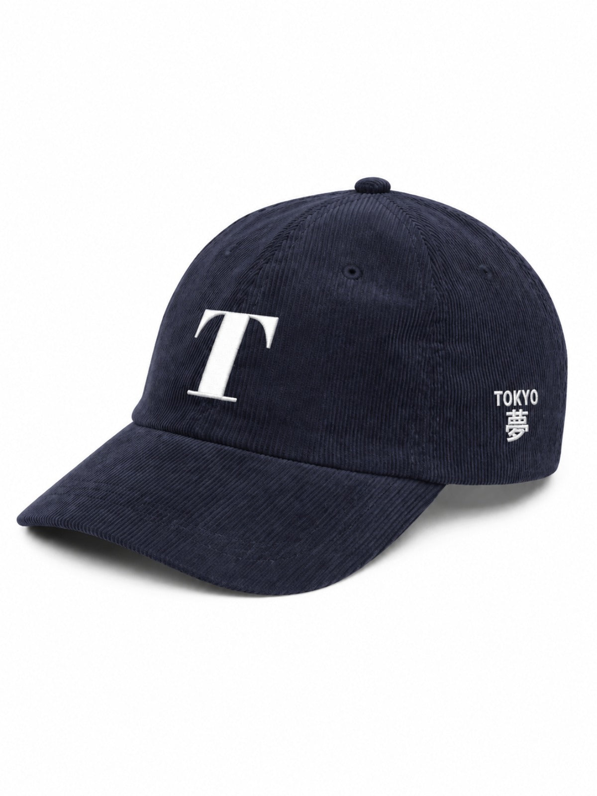5C5V Tokyo T corduroy Japanese baseball cap in navy – side view with TOKYO 夢 (dream) embroidery