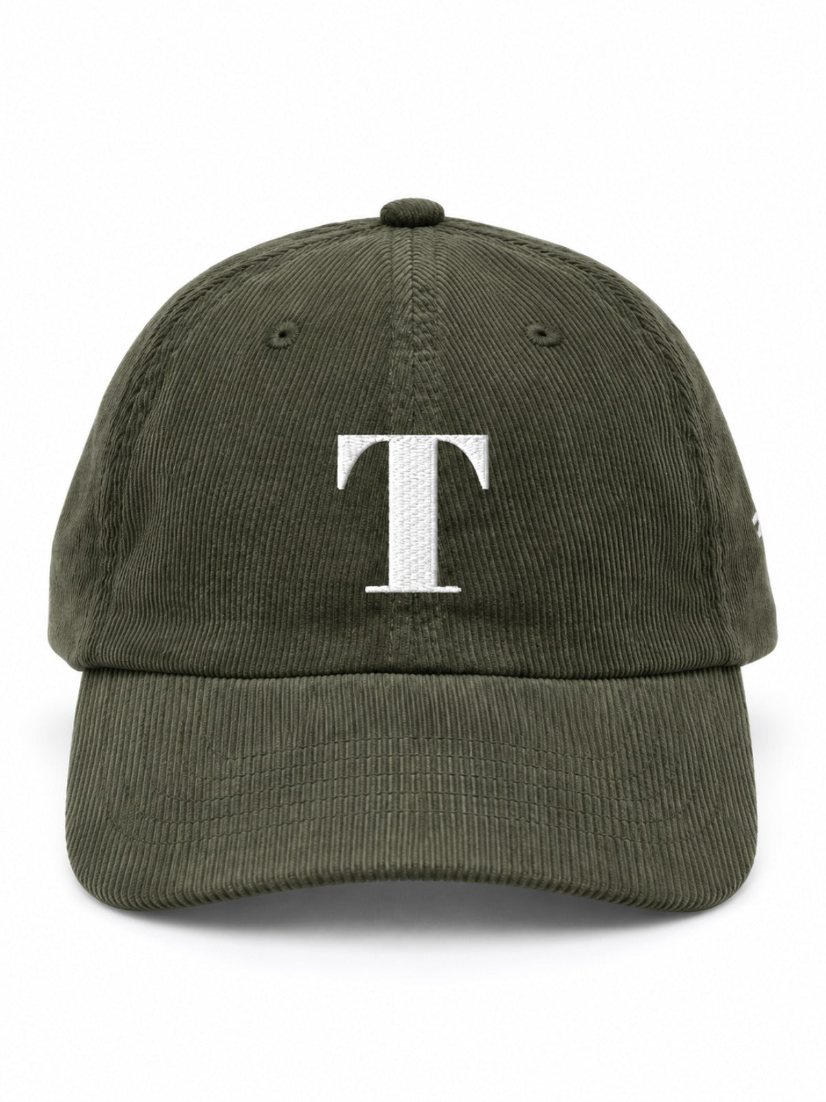 5C5V Tokyo T corduroy Japanese baseball cap in olive – front view with serif T embroidery