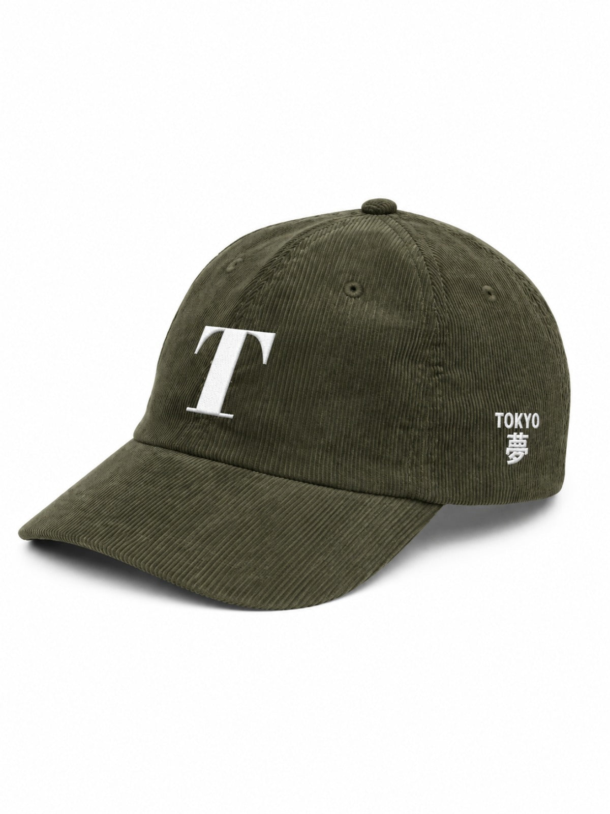 5C5V Tokyo T corduroy Japanese baseball cap in olive – side view with TOKYO 夢 (dream) embroidery