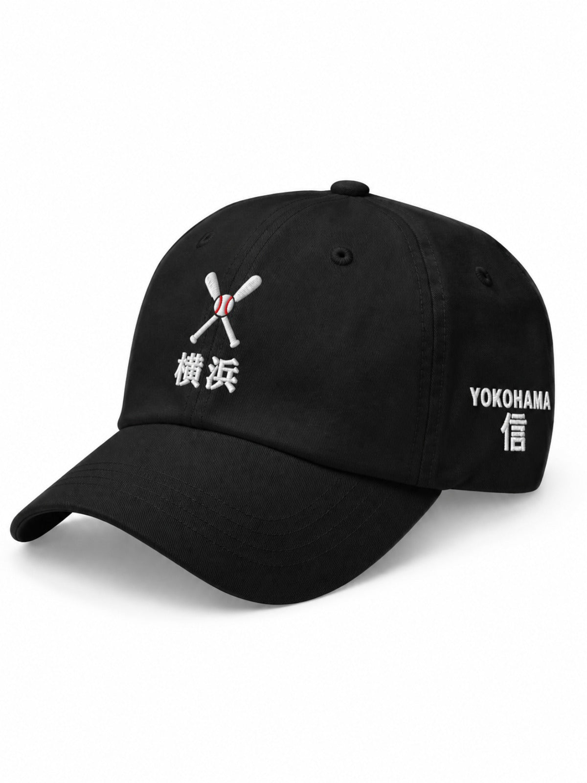 5C5V Yokohama Crossed Bats Japanese baseball cap in black – side view with YOKOHAMA 信 (trust) embroidery