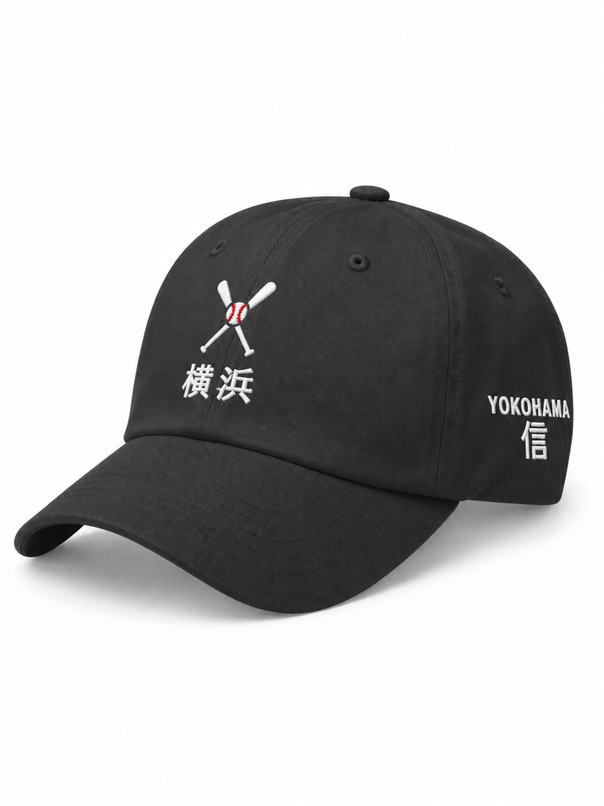 5C5V Yokohama Crossed Bats Japanese baseball cap in dark grey – side view with YOKOHAMA 信 (trust) embroidery