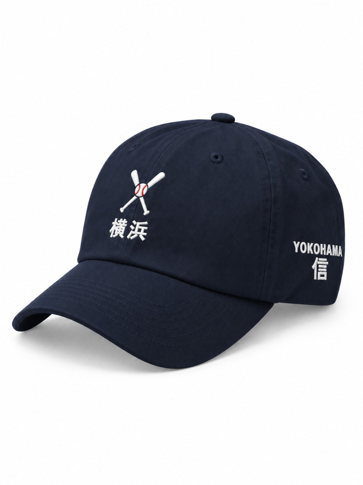 5C5V Yokohama Crossed Bats Japanese baseball cap in navy – side view with YOKOHAMA 信 (trust) embroidery
