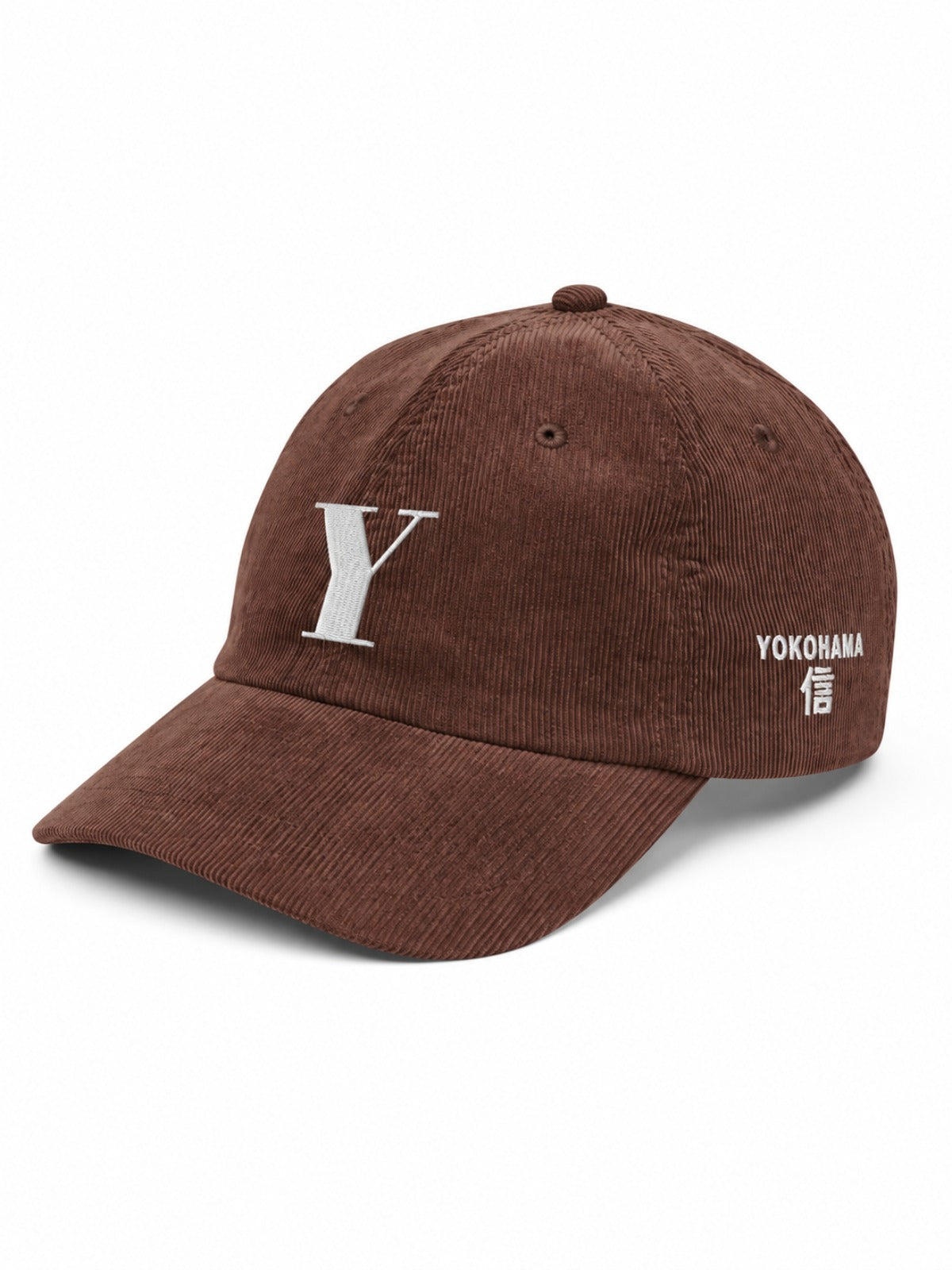 5C5V Yokohama Y corduroy Japanese baseball cap in brown – side view with YOKOHAMA 信 (trust) embroidery