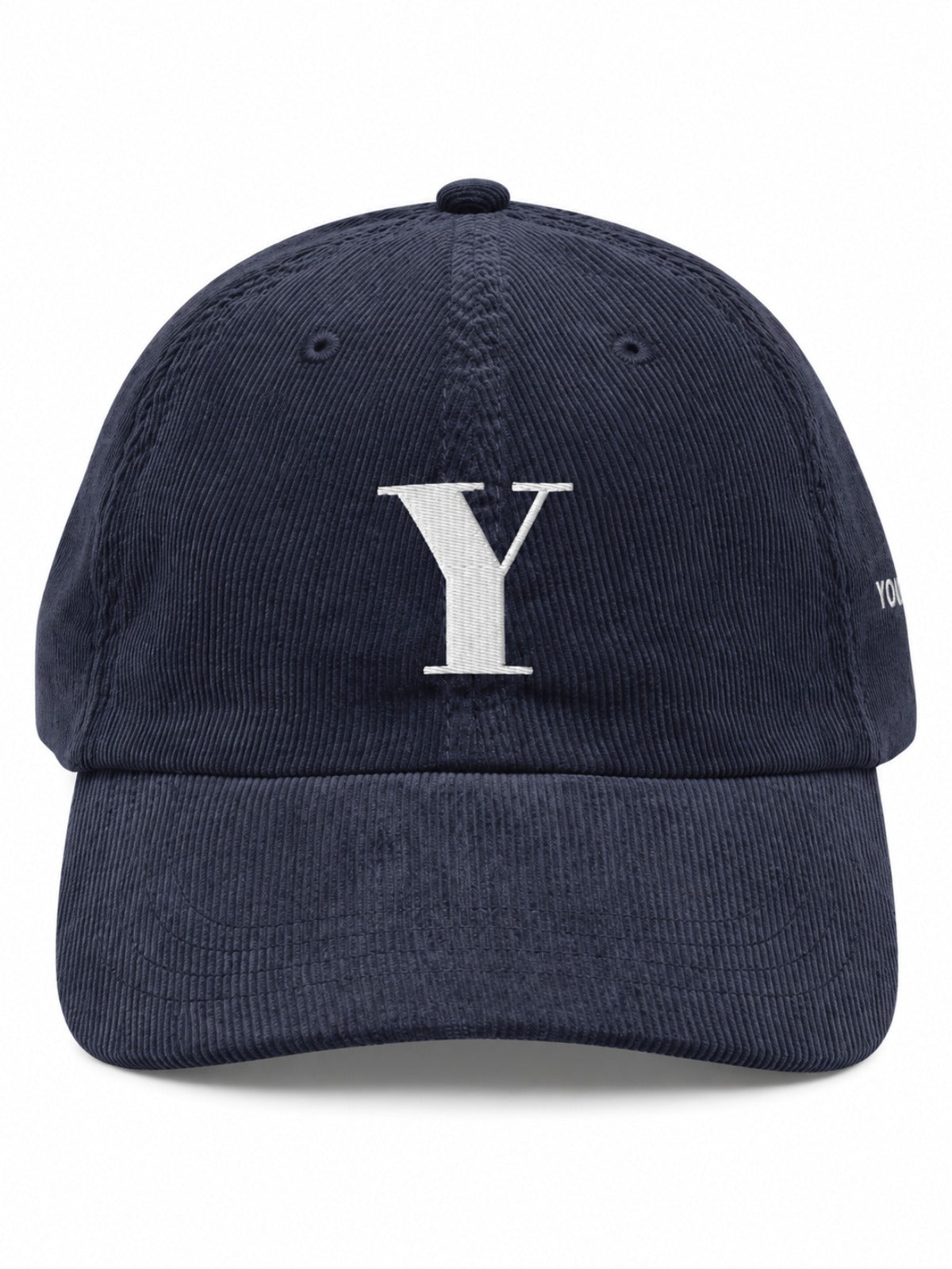 5C5V Yokohama Y corduroy Japanese baseball cap in navy – front view with serif Y embroidery