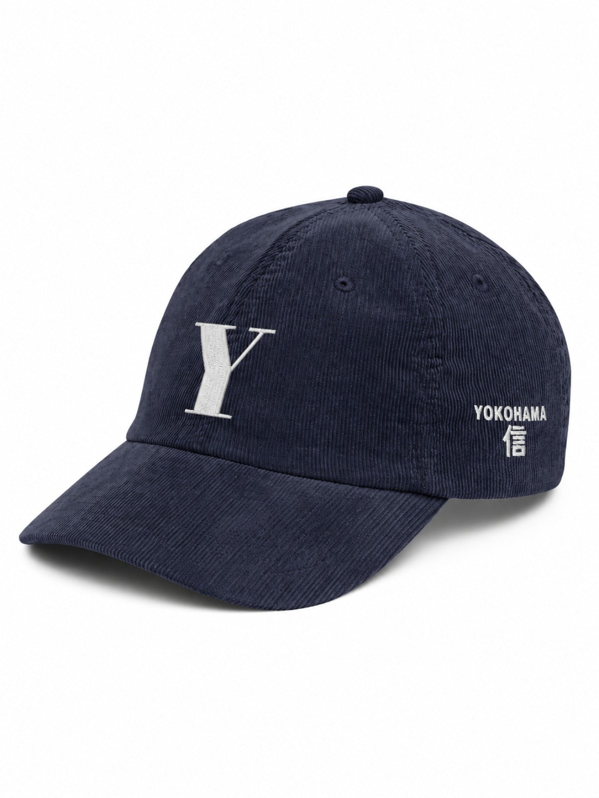 5C5V Yokohama Y corduroy Japanese baseball cap in navy – side view with YOKOHAMA 信 (trust) embroidery