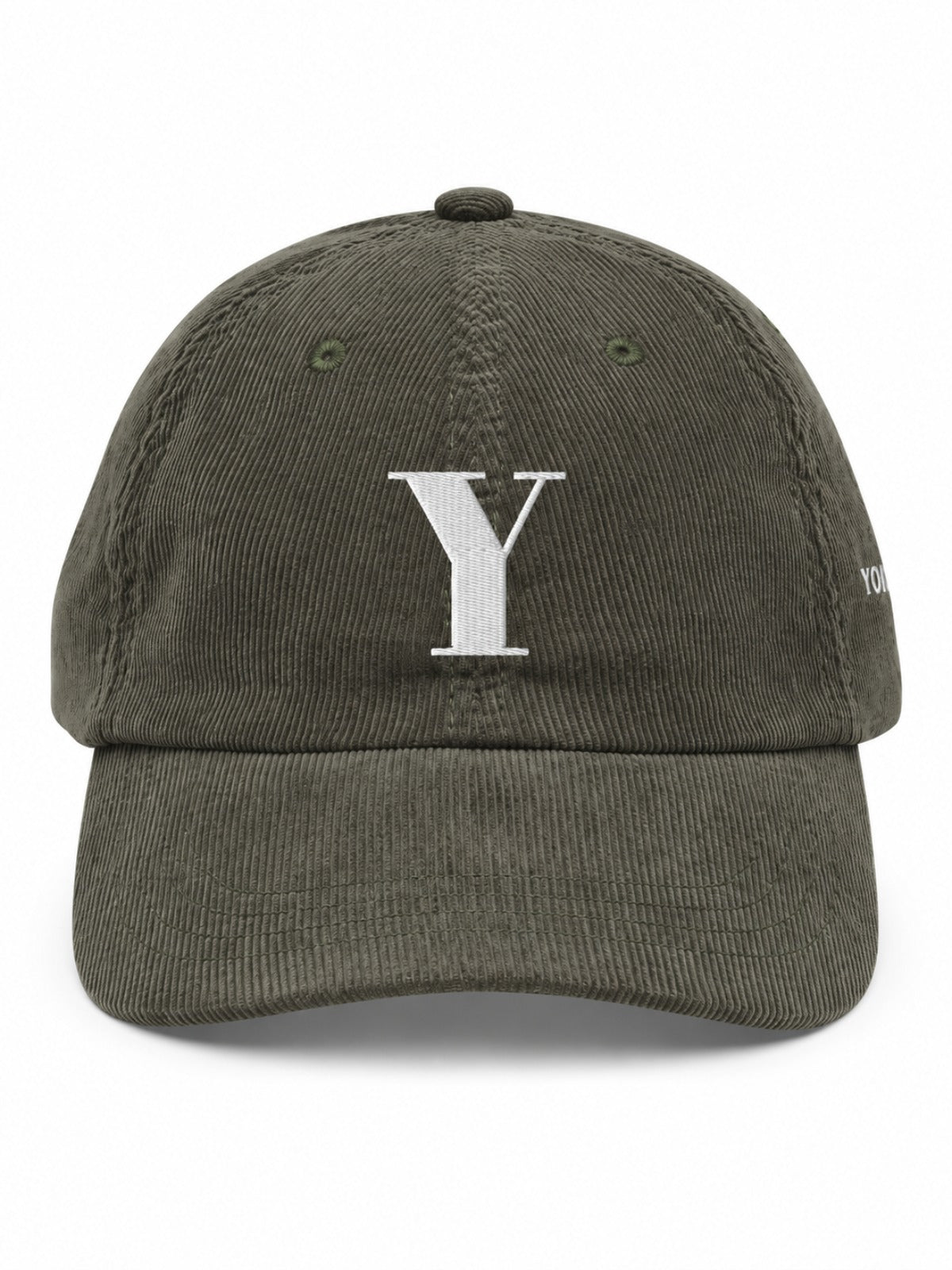 5C5V Yokohama Y corduroy Japanese baseball cap in olive – front view with serif Y embroidery