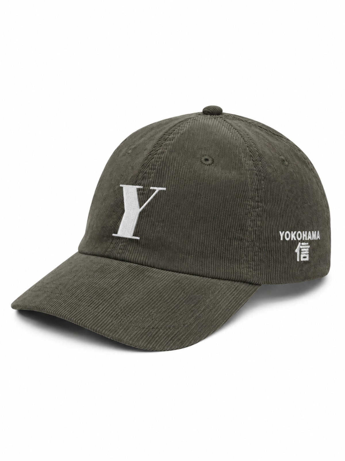 5C5V Yokohama Y corduroy Japanese baseball cap in olive – side view with YOKOHAMA 信 (trust) embroidery