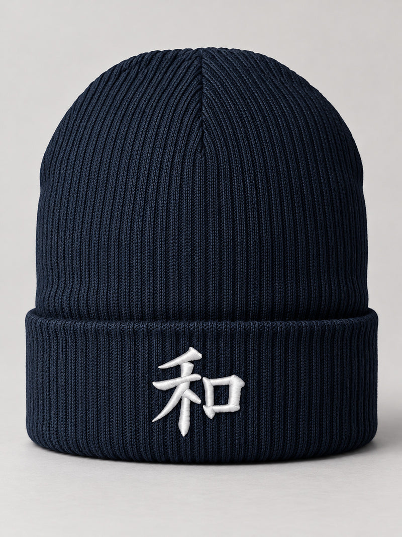 Oxford Navy Kyoto Harmony 和 ribbed beanie with the white 3D-puff 和 embroidered on the cuff, front view