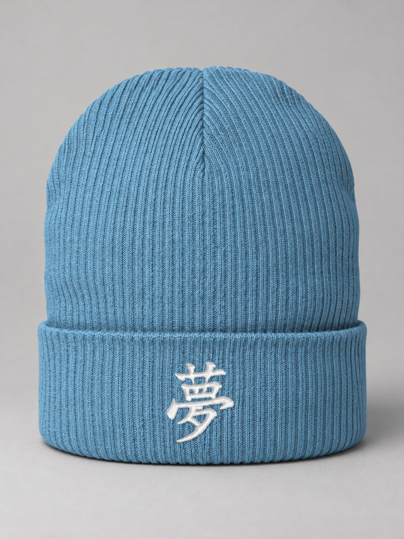 Light Avio Blue Tokyo Dream 夢 ribbed beanie with the white satin-stitch 夢 embroidered on the cuff, front view