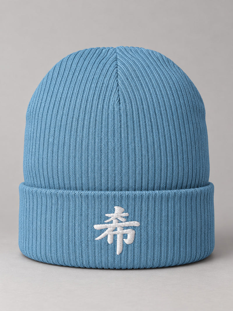 Light Avio Blue Sapporo Hope 希 ribbed beanie with the white 3D-puff 希 embroidered on the cuff, front view