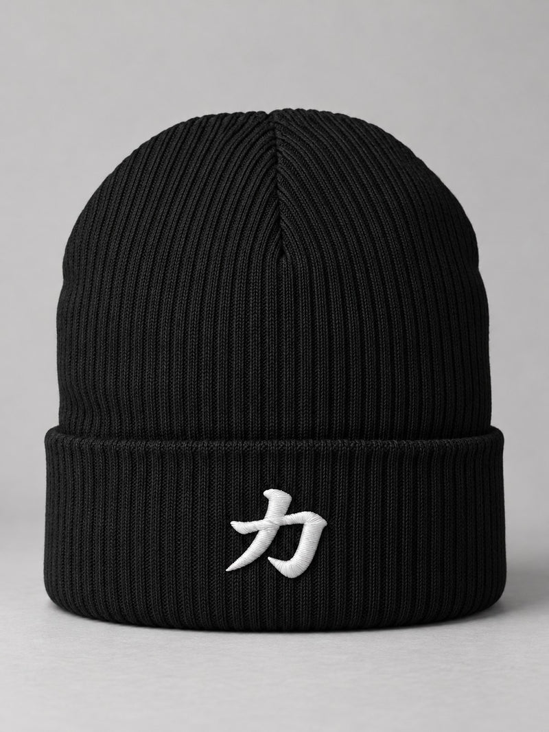 Black Osaka Strength 力 organic cotton beanie with the white 3D-puff 力 embroidered on the cuff, front view