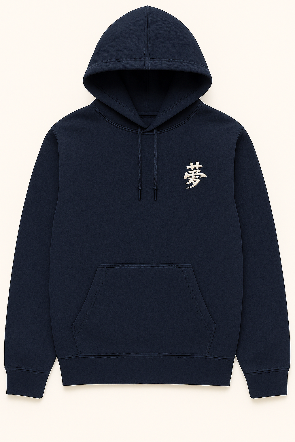 Navy Tokyo 夢 (Dream) hoodie front view with embroidered white kanji on a beige background.