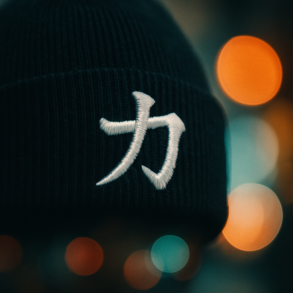 Close-up of the white embroidered kanji 力 (strength) on a navy Osaka ribbed beanie, with blurred city lights behind