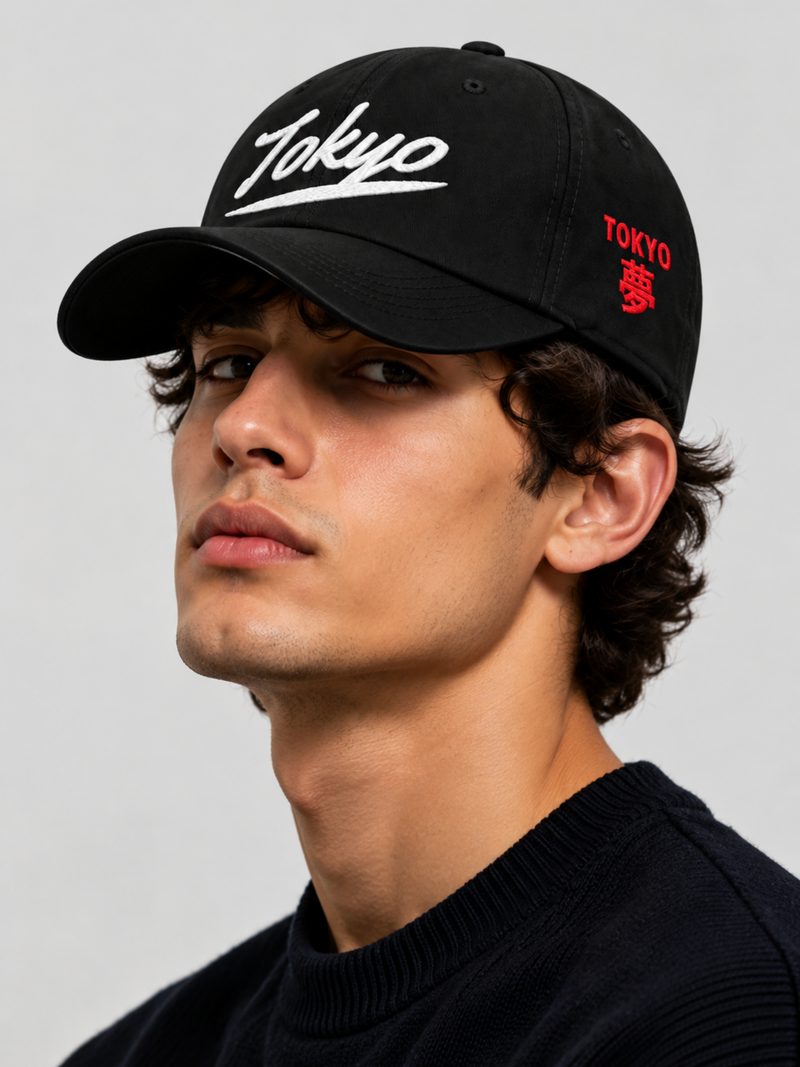 Tokyo Dream 夢 Script Japanese Baseball Cap, black – on model