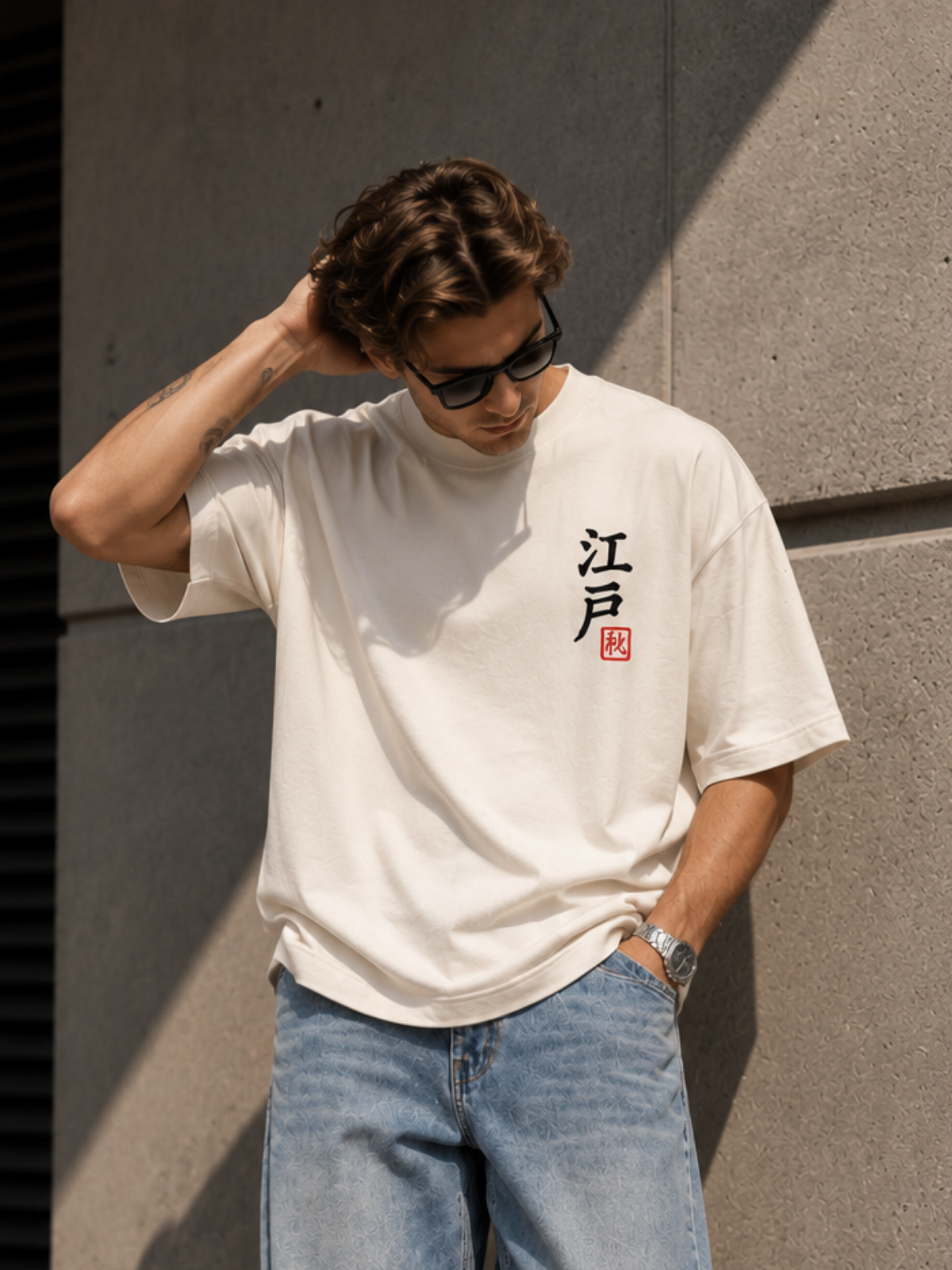 Model wearing the vintage white Edo 夏 Blue Haze tee, front view with the 江戸 seal on the chest