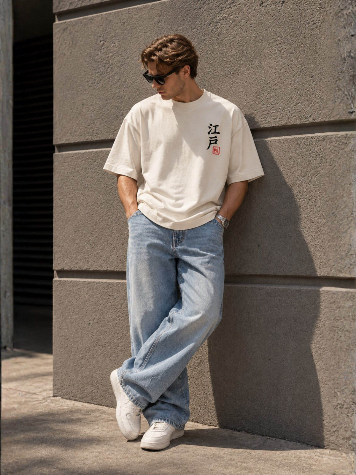 Full-length shot of a model in the vintage white Edo 夏 Blue Haze tee
