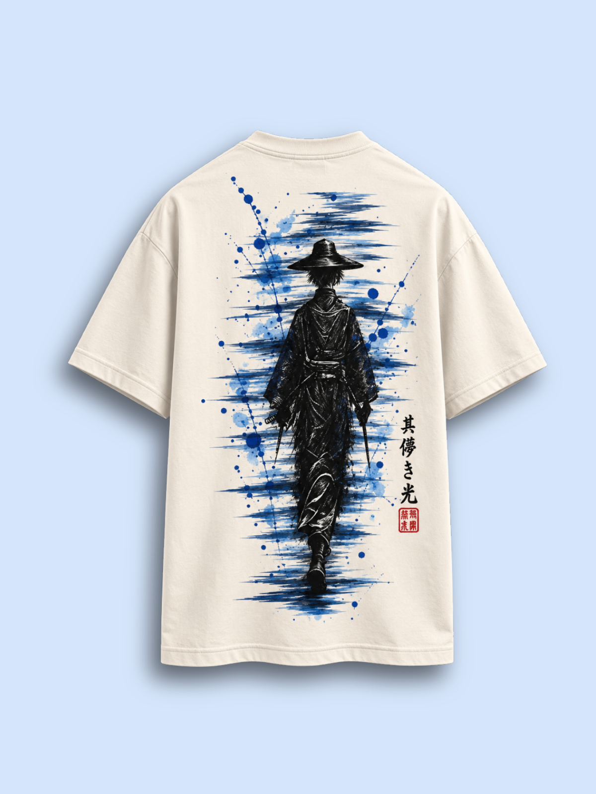 Vintage white Edo 夏 Blue Haze tee, back view with the blue haze ink samurai back print