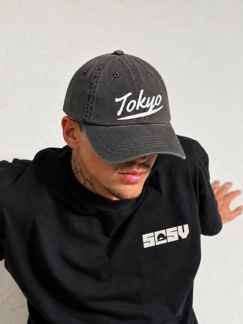 Tokyo Dream 夢 Script Japanese Baseball Cap, dark grey – on model