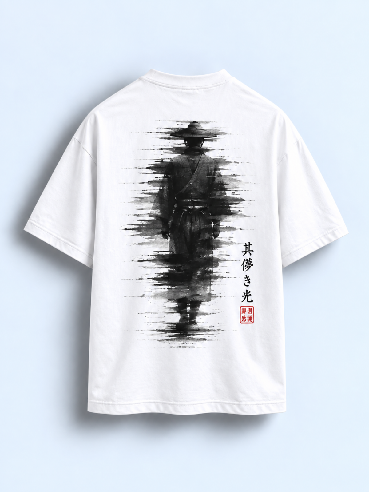 White Edo 冬 Silent Light tee, back view with the black ink samurai back print