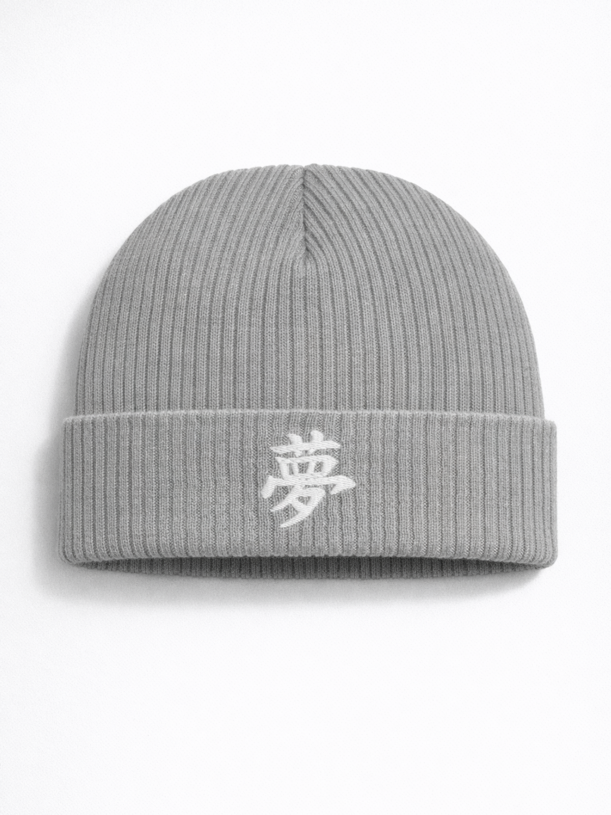 Light Grey Tokyo beanie with the kanji 夢 (dream) embroidered in white on the cuff, front view on a white background