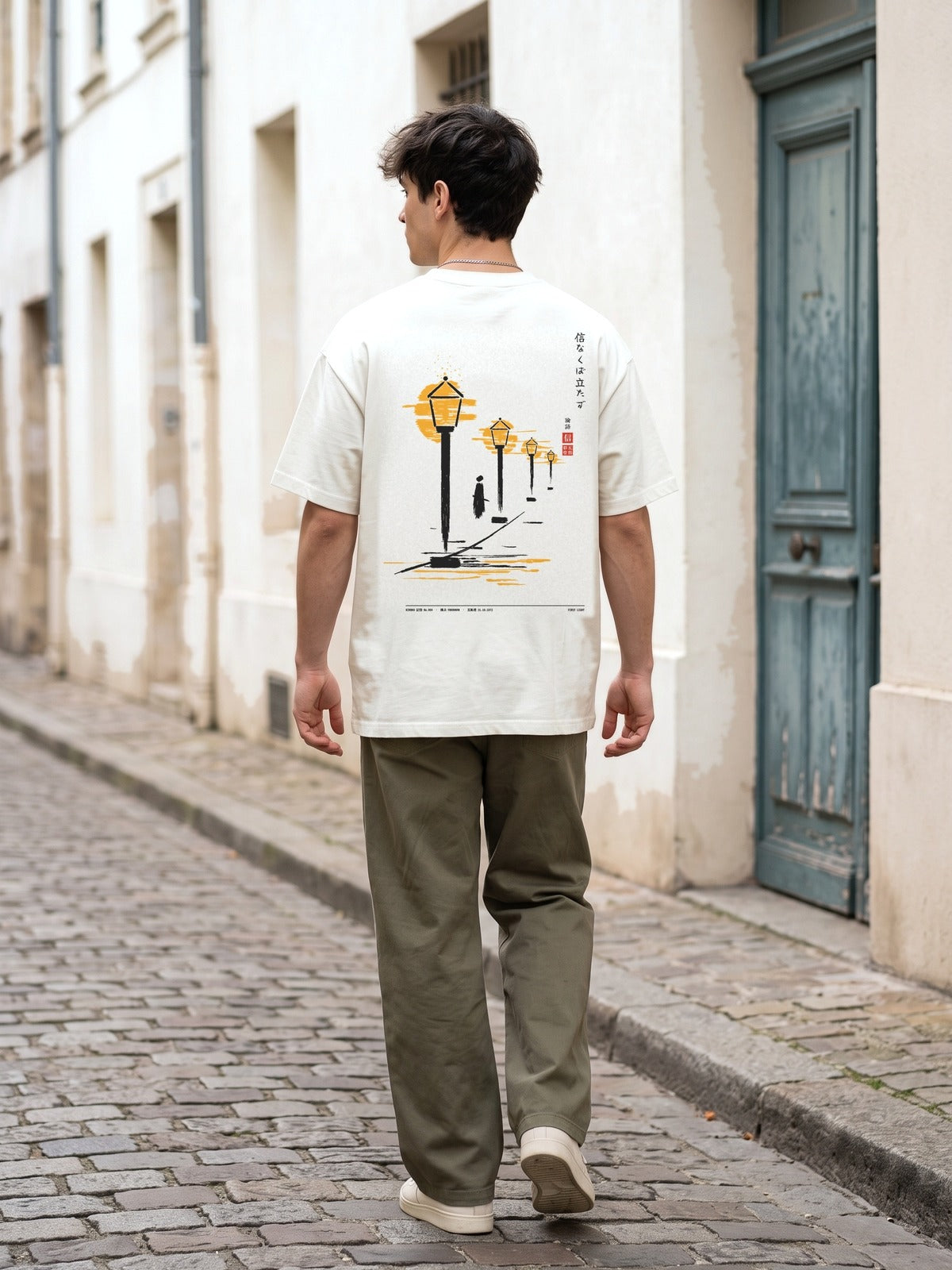 KIROKU Sumi 004 First Light 信 White T-Shirt by 5C5V, worn on the street