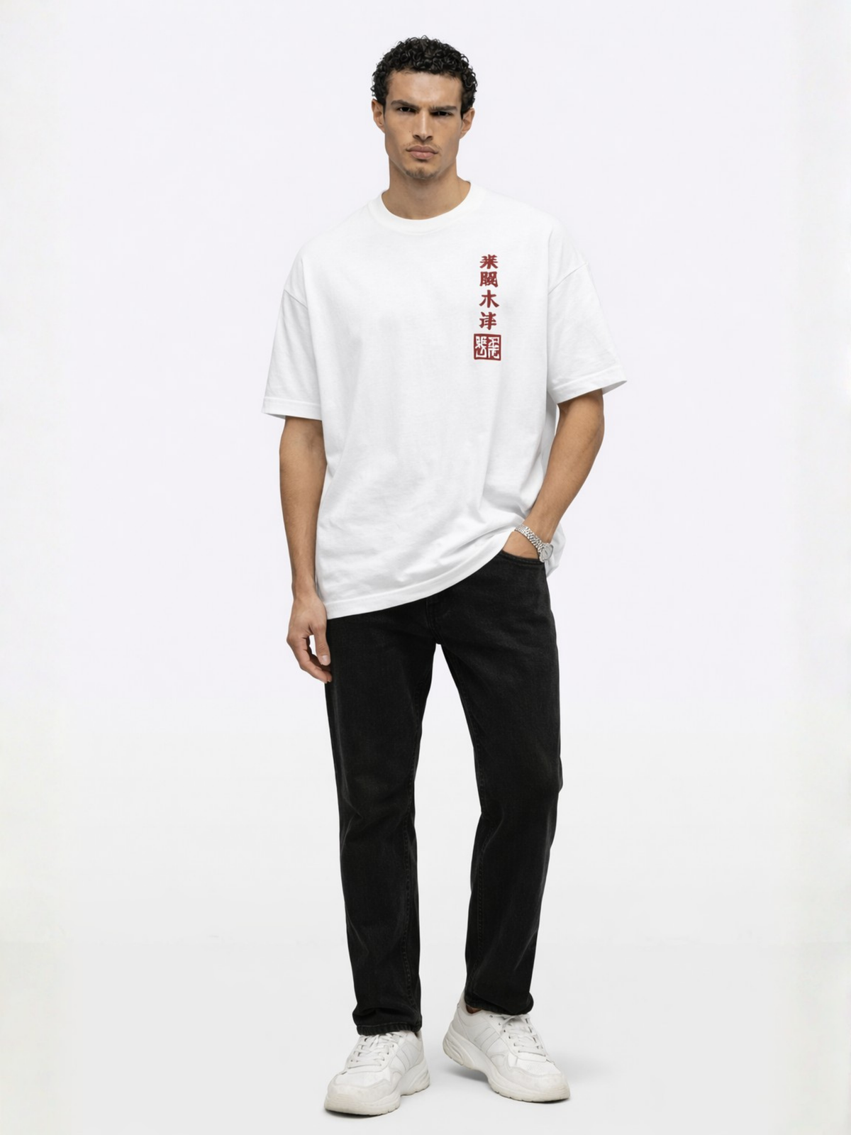 Model wearing the white Edo Collection Seán Seachtain Hokusai tee, front view, with red Japanese kanji calligraphy and the 五哲彩堂 seal printed on the left chest — ukiyo-e woodblock homage streetwear.
