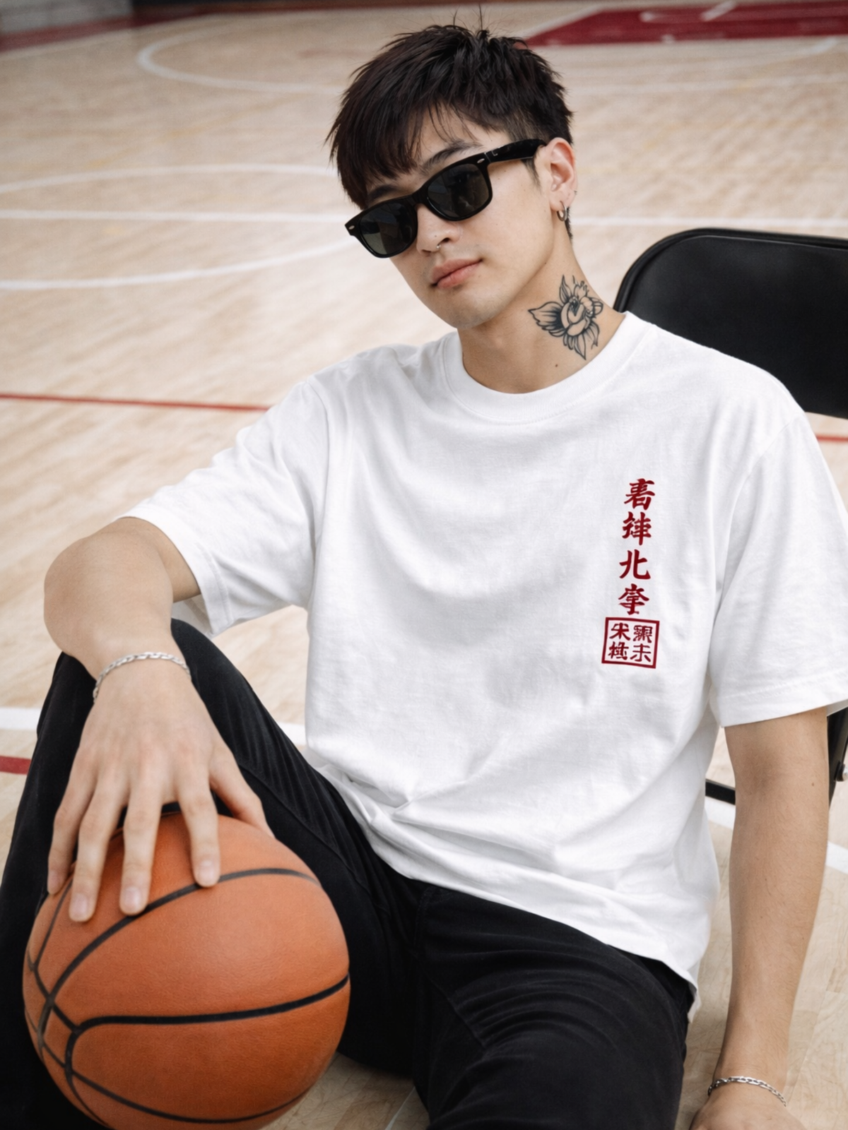 Model on a basketball court wearing the white 5C5V Edo Collection Hokusai tee, showing the red 葛飾北斎 (Katsushika Hokusai) kanji and 五哲彩堂 seal on the chest