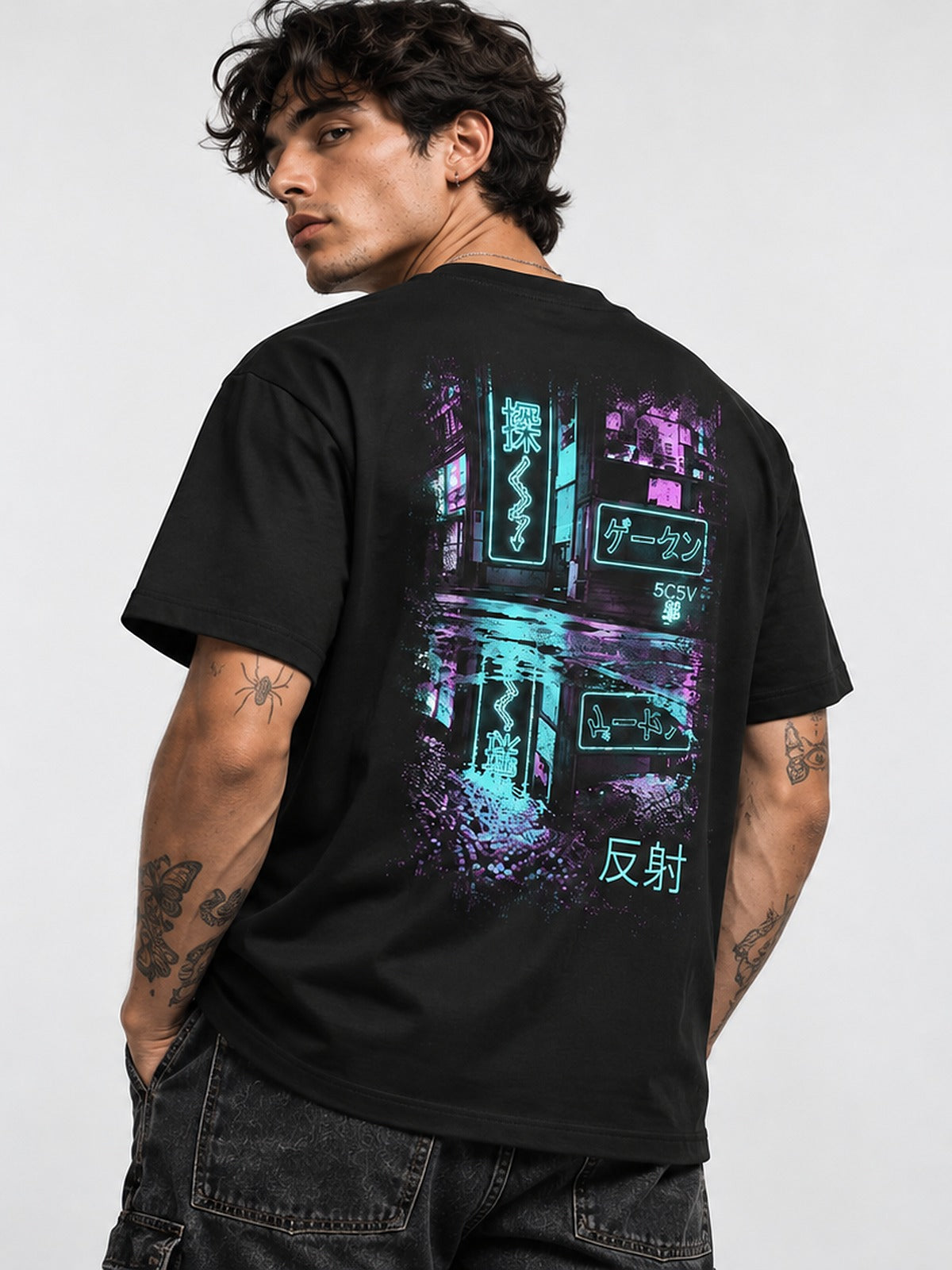Neon Dawn Hansha 反射 Black T-Shirt by 5C5V, back view with the neon Tokyo street and its reflection